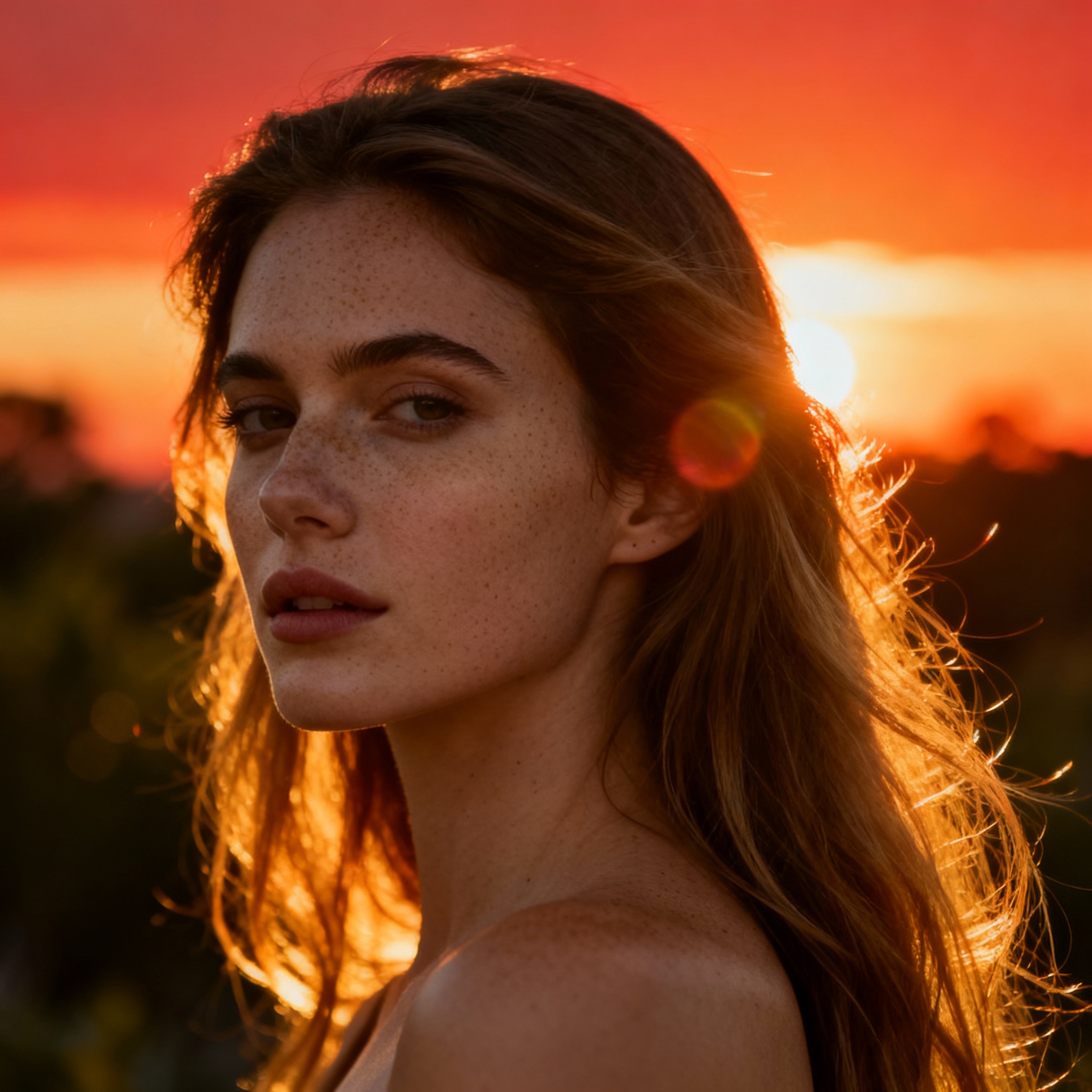 Ultra-realistic portrait of a woman with flowing hair in golden sunset light