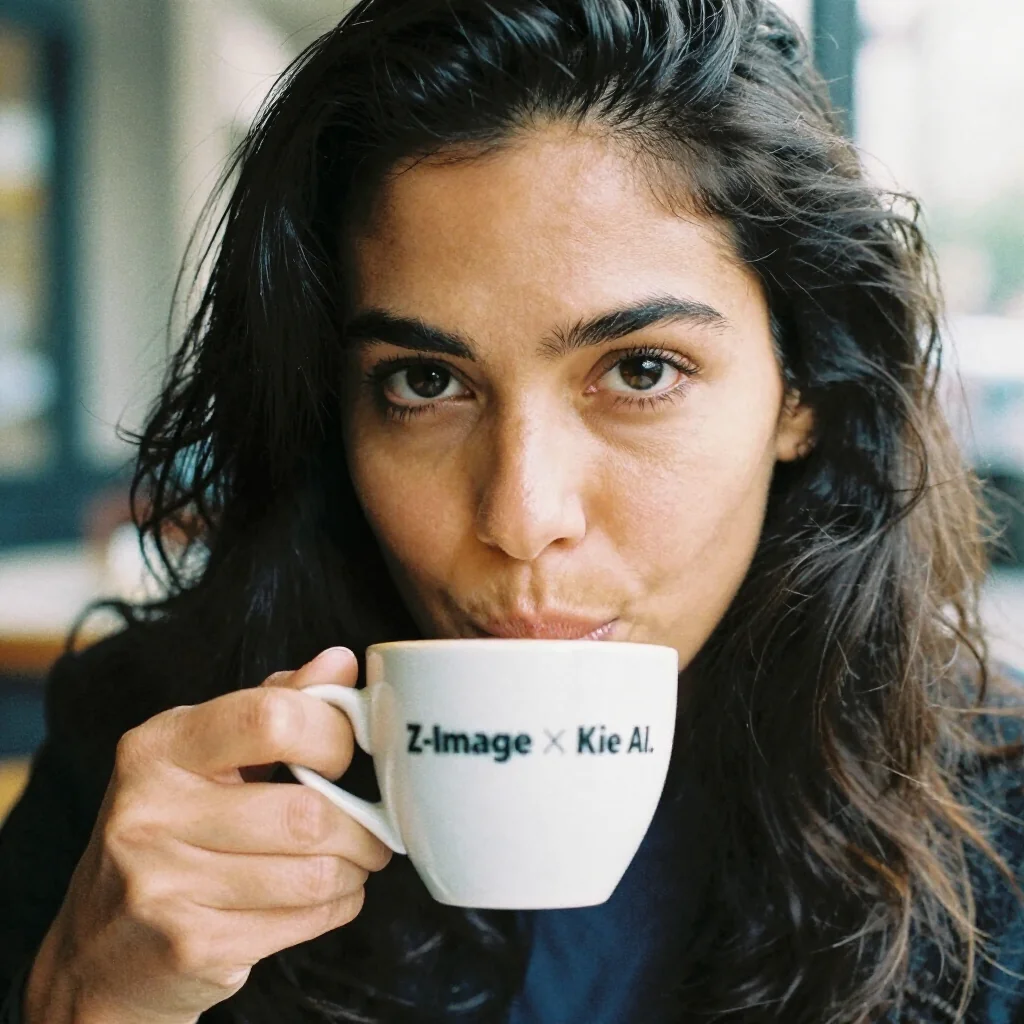 A photorealistic portrait of a young woman with natural lighting, holding a coffee cup with "Z-Image" text visible